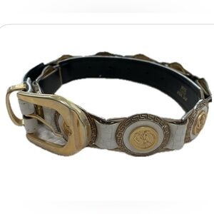 White Leather And Gold Belt With Leopard Medallions